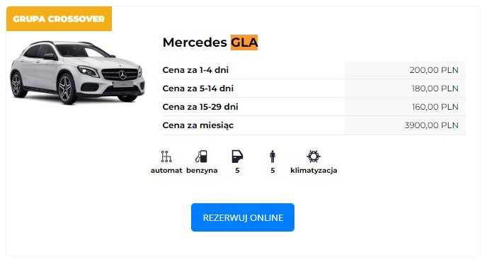 Wypożyczenie Mercedesa GLA za 200 zł za dobę przy 4 dniach 
